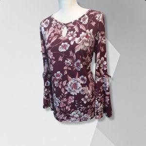 Burgundy Wine, Gray & White Floral Top w/ Bell Sleeves Sz Xl